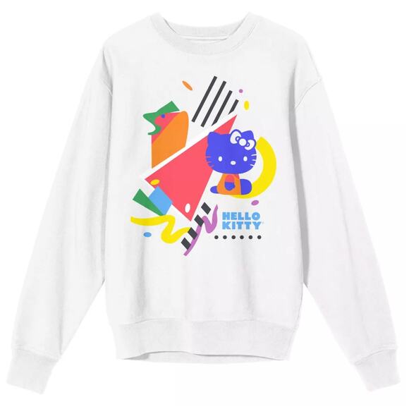 Hello Kitty Sanrio 90s Theme Geometric White Crew Neck Sweatshirt sz S Oversize - Picture 2 of 9